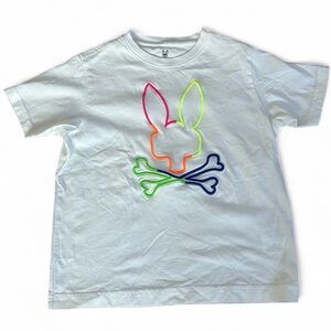 Psycho Bunny White Tee Shirt Youth Small 7/8 Embroidered Neon Bunny Short Sleeve